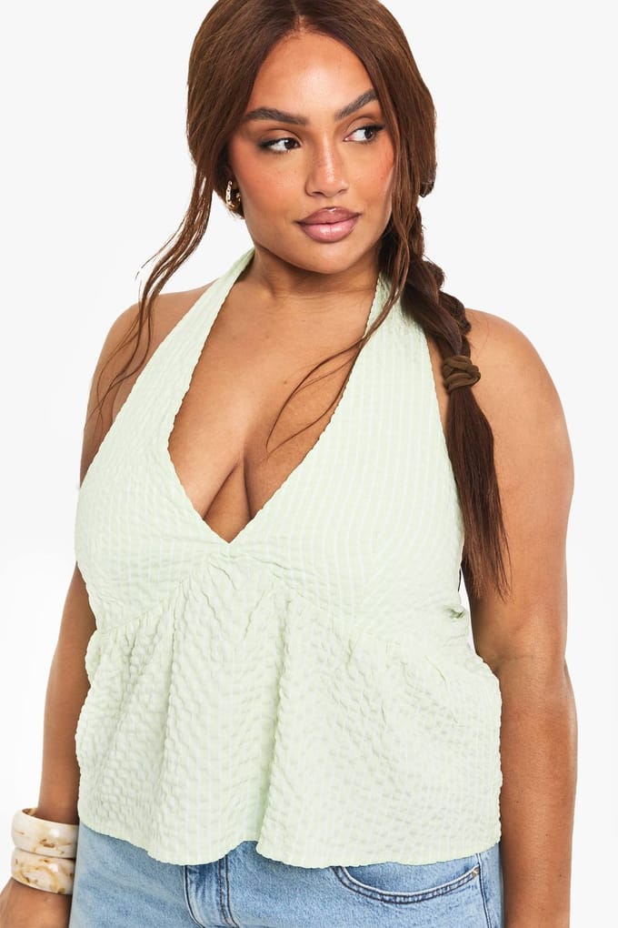 boohoo Dames PLUS GINGHAM HALTER SMOCK TOP | Groente | Maat: 56