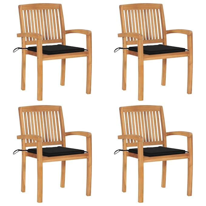 vidaXL - Tuinstoelen - stapelbaar - 4 - st - met - kussens - massief - teakhout