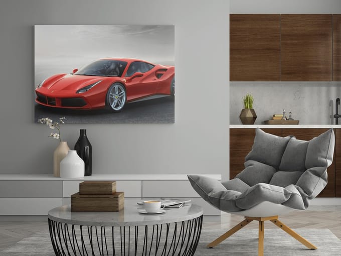 Canvas Schilderij -Ferrari - Rood - Abstract - Sportwagen- Auto - 90x60 cm