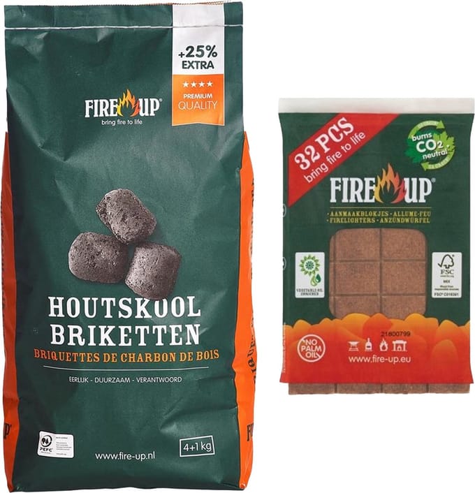 BBQ starterspakket - houtskool briketten 5 kilo - barbecue aanmaakblokjes 32x