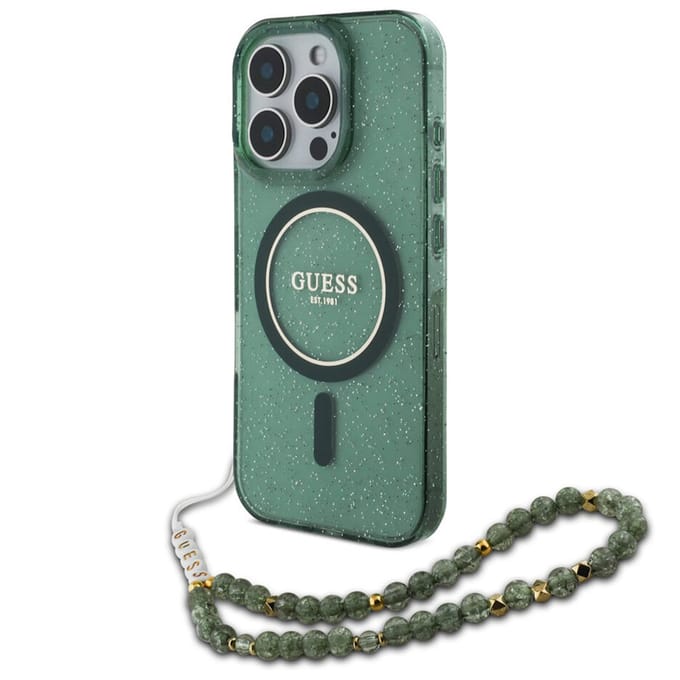 Guess MagSafe IML Glitter Case met beads strap voor de Apple iPhone 16 Pro - Green
