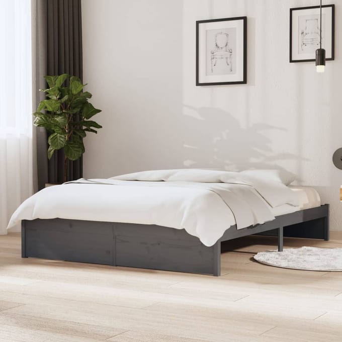 vidaXL - Bedframe - massief - hout - grijs - 135x190 - cm
