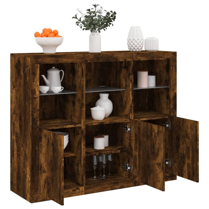 vidaXL - Dressoirs - met - LED-verlichting - 3 - st - bewerkt - hout - gerookt - eiken