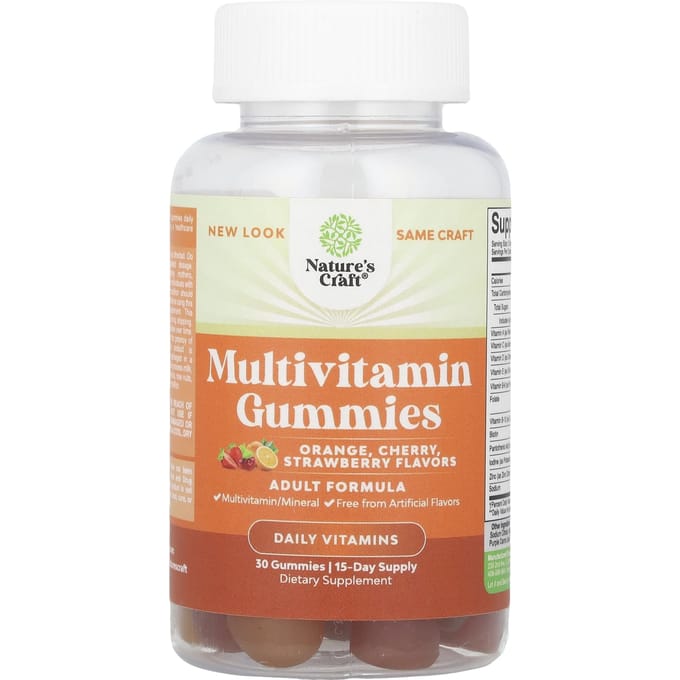 Nature's Craft, multivitamine gummies, sinaasappel, kers, aardbei, 30 gummies