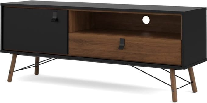 Rye TV-meubel 1 deur, 1 lade mat zwart, walnoot decor.