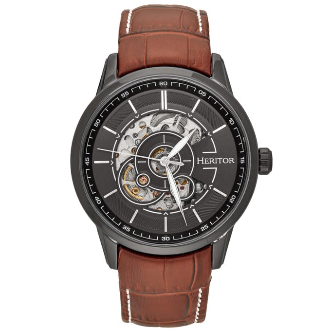 Heritor Automatic Davies Semi-Skeleton Horloge met Leren Band - Zwart/Bruin