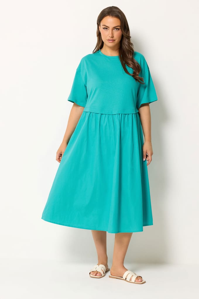 Yours Turquoise Blauw Poplin Tshirt Midijurk Size 42