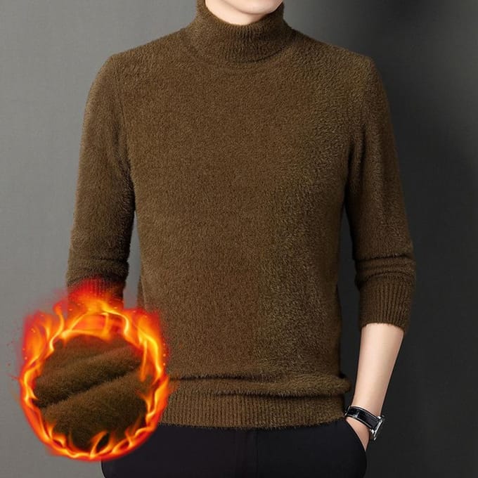 Pull épais à col roulé chaud de couleur unie pour homme, couche de base tricotée en velours imitation vison, pull en velours 4XL brown
