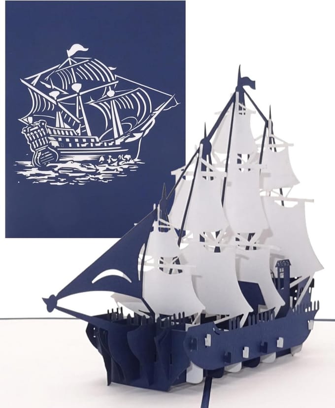3D Pop-up Kaart Zeilschip Vier-Master Verjaardag en Uitnodiging