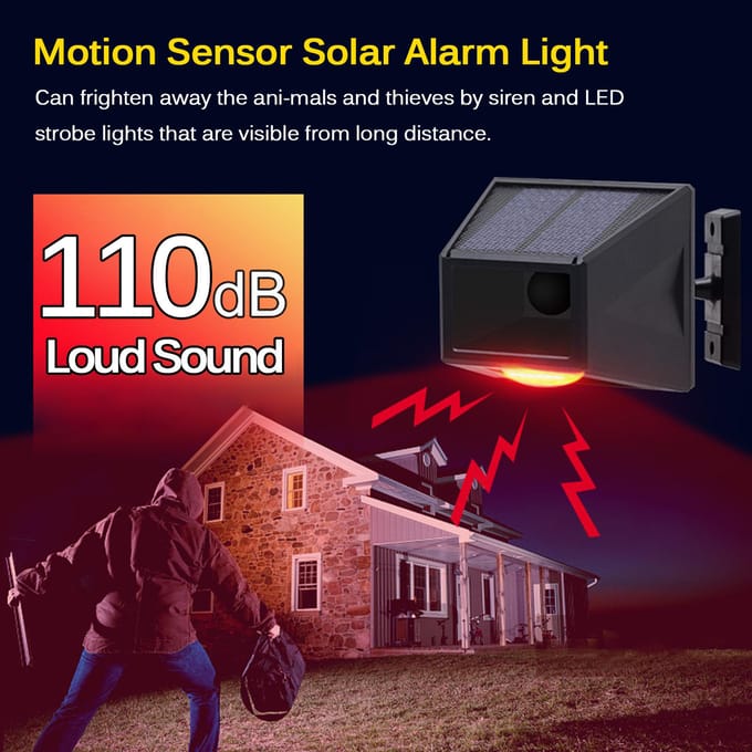 Bewegingssensor zonne-alarmlicht 110dB luide sirene LED-flitslichten met RF433MHz afstandsbediening zwart