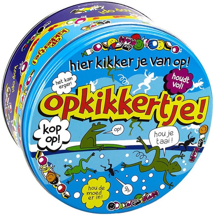 Opkikkertje cadeau snoeptrommel - 14 x 7,5 cm - bewaarblik - koektrommel - verjaardag