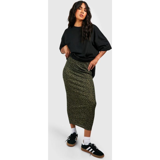 boohoo Dames Leopard Geribde Midaxi Rok | Kaki | Maat: 36