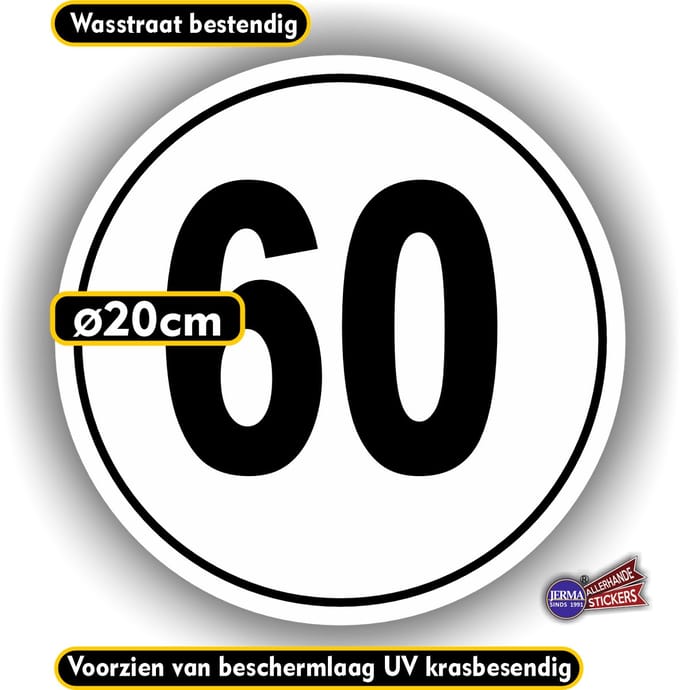 Jerma - Snelheid - 60 km/h - Sticker - Ø 20 cm - Zwart-Wit - Zelfklevend - Vinyl - Weerbestendig