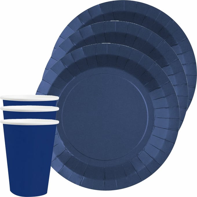 Santex feest/verjaardag servies set - 10x bordjes en bekertjes - kobalt blauw - karton