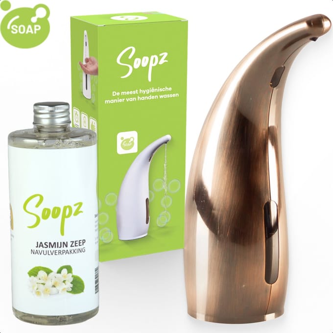 Soopz Automatische Zeepdispenser – Koper – Copper Brushed Classic – Zeeppompje met Bewegingssensor – Met Jasmijn Zeep
