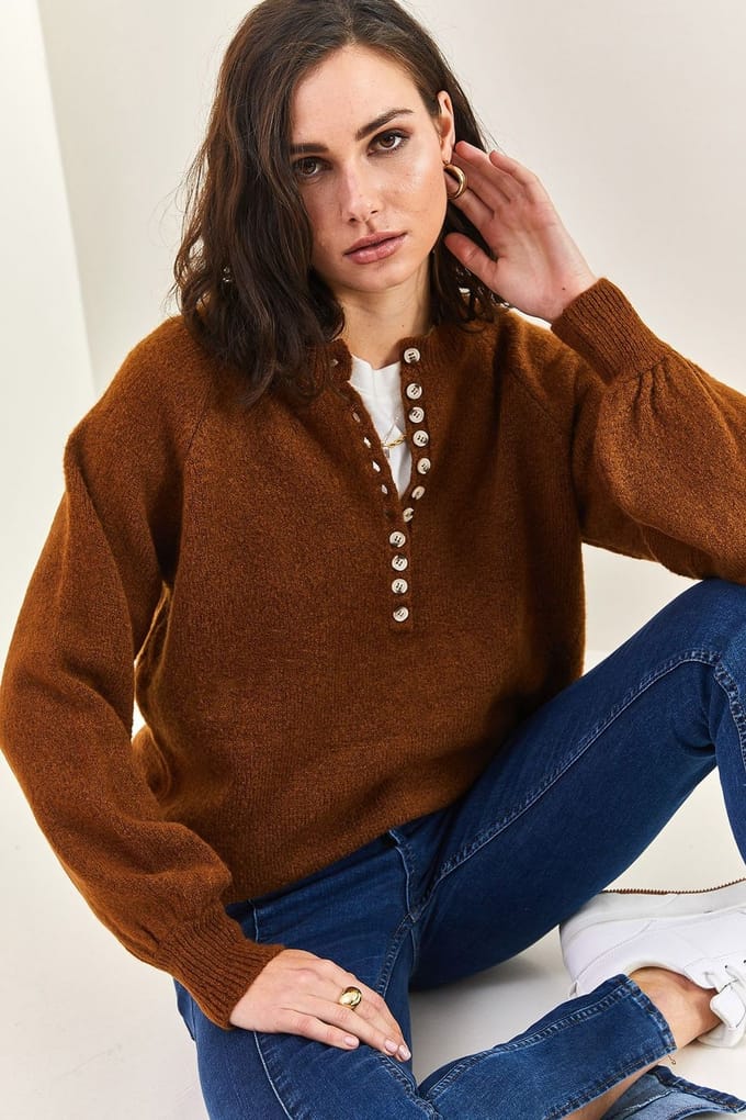 Knopenkraag Relaxed Fit Gebreide Trui