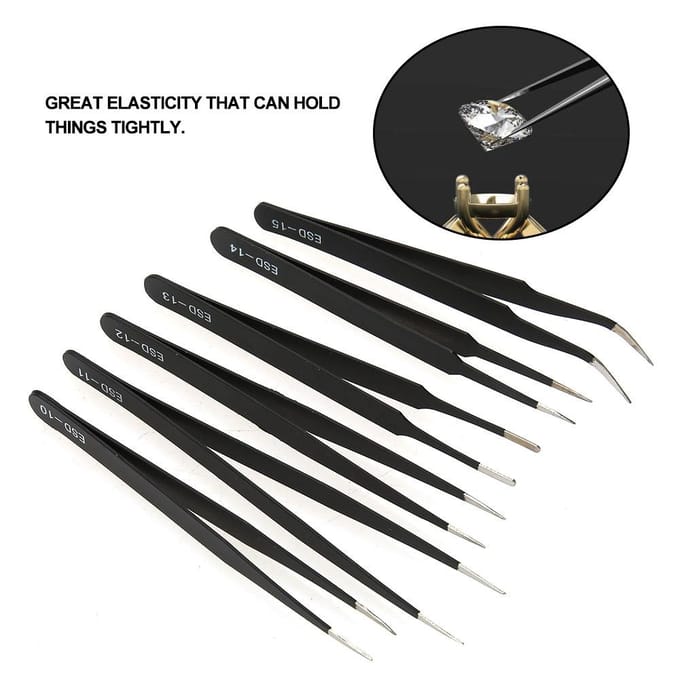 6PCS Anti static Tweezers Stainless Steel Tweezer Maintenance Tool black