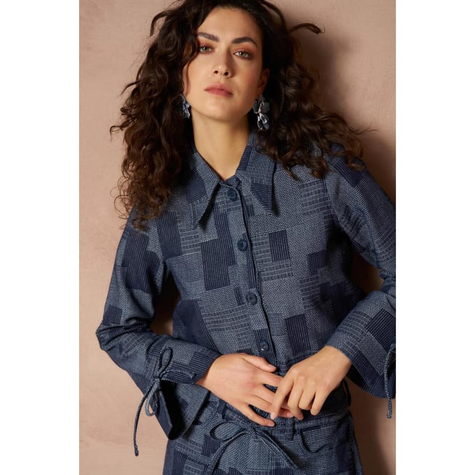 Lofty Manner Blouse Blouse Ilja Patchwork Straight Ri05 Mid Blue Dames Maat - XS