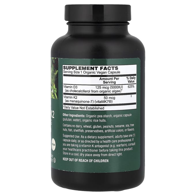 PlantFusion, Biologisch Veganistisch, Vitamine D3 + K2, 120 Biologische Groentecapsules