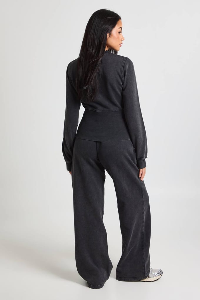 boohoo Dames Gewassen Diepe Zoom Drukknoop Bomber Sweatshirt Trainingspak | Zwart | Maat: Medium