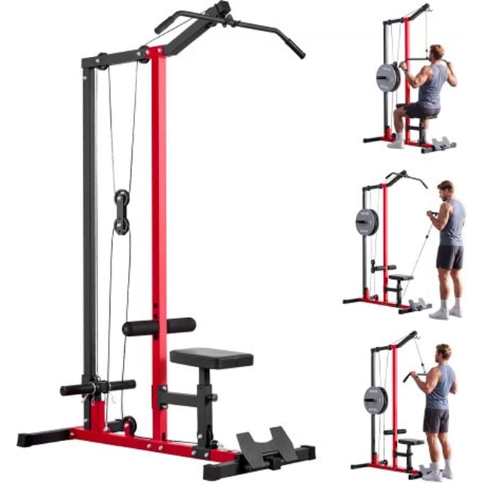VEVOR Lat Pulldown Station, 2-in-1 Lat Pulldown Tower, ca. 227kg Draagvermogen, Power Station met Lat Pulldown Bar, Krachttraining voor Rug, Armen en Schouders, Lat Pulldown Machine voor Thuisfitness, Zwart-Rood