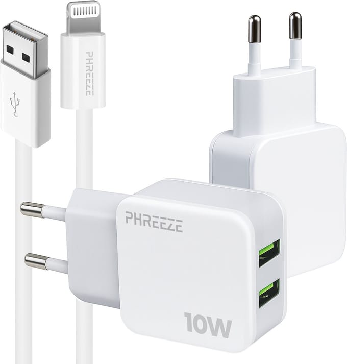 Phreeze usb oplader geschikt voor iPhone 14 13 12 11 X XR XS Max Pro Mini Plus en iPad met Lightning kabel - 5V 2A 10W dubbele usb adapter