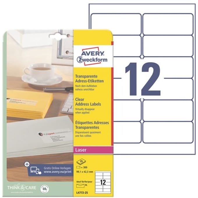 Avery transparante etiketten QuickPEEL formaat 991 x 423 mm (b x h) 300 stuks 12 per blad