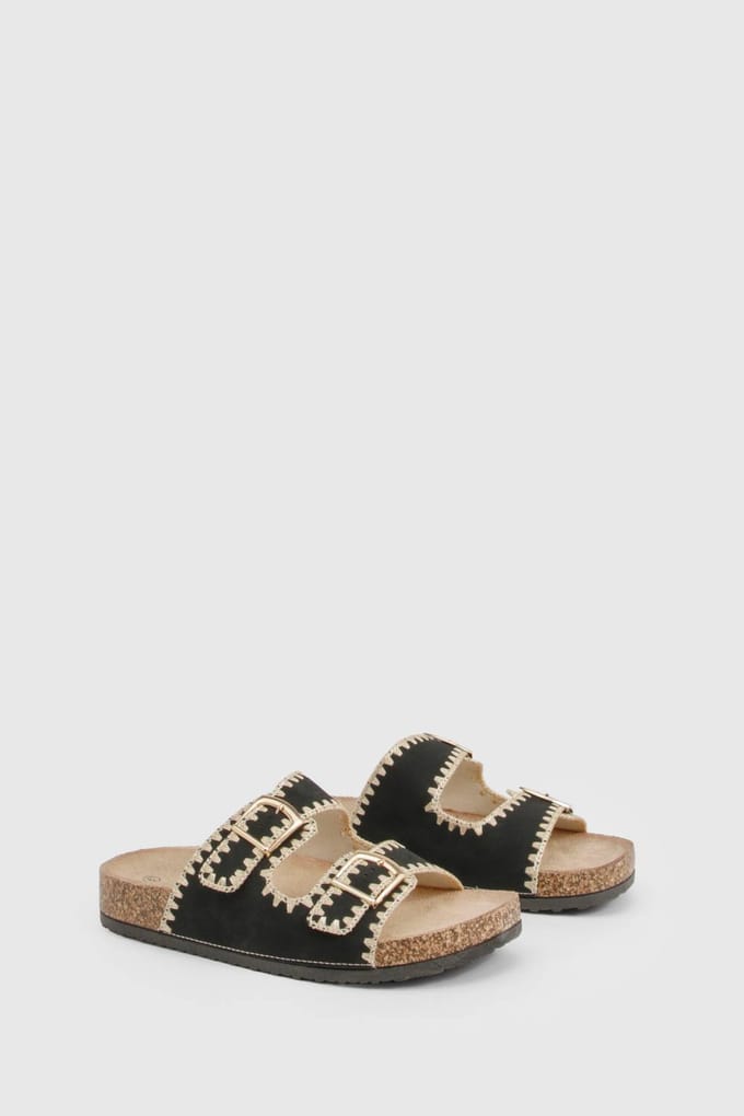 boohoo Dames Contrasterende stikseldetail dubbele gesp slides | Zwart | Maat: 36