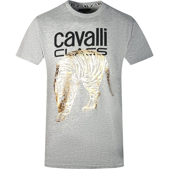 Cavalli Class Grote Gouden Tijger Sjabloon Logo Grijze T-Shirt