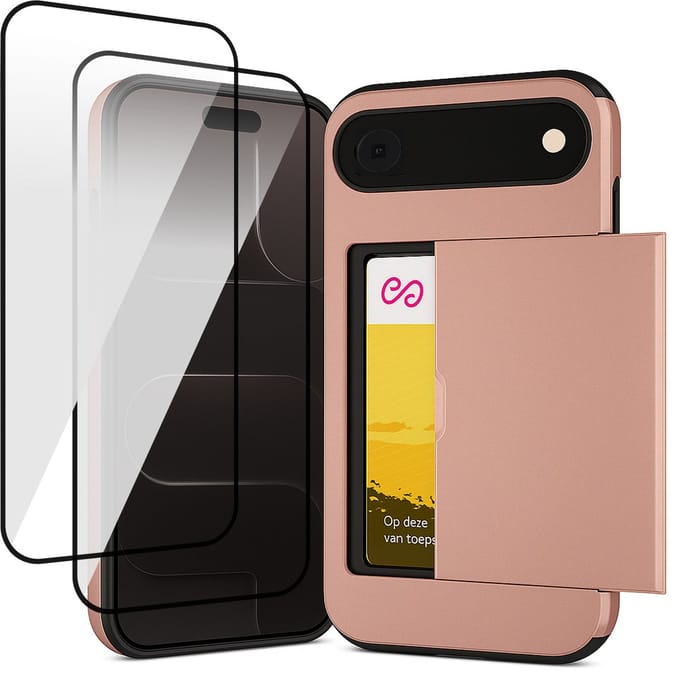 Hoesje met Pasjeshouder geschikt voor iPhone 17 Air - 2x Screen Protector FullGuard - Back Cover SlideCase Roségoud & Screenprotector