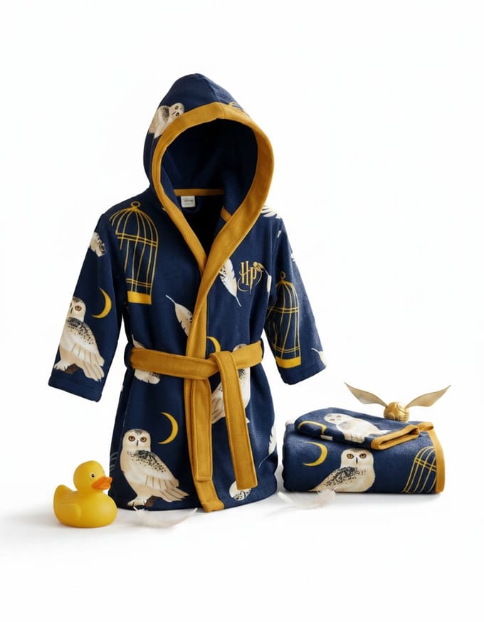 Set Badjas Capuchon + Handdoek 50x100cm + Washandje Harry Potter Hedwig – 100% Polyester – 7/8 jaar