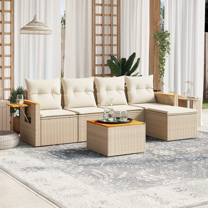 vidaXL - 6-delige - Loungeset - met - kussens - poly - rattan - beige