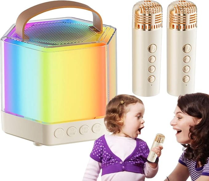 Karaoke machine - Draagbare speaker - Feestelijke avonden - Met 2 microfoons - 12 x 12 x 12 cm - Houtkleurig