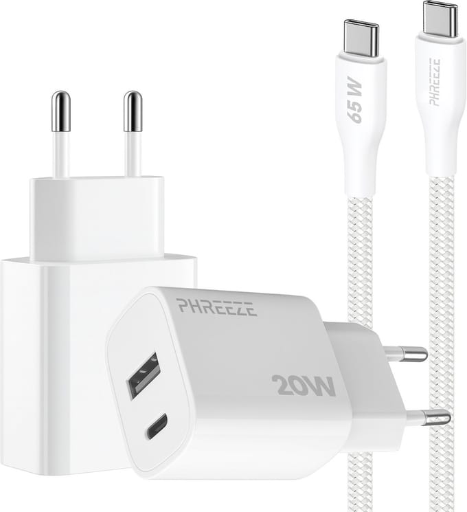 Phreeze usb c adapter 20w met usb c naar usb c kabel 1 meter - Snellader met 2 usb poorten - Wit