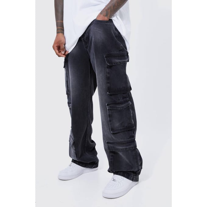 Baggy Rigid Multi Pocket Cargo Gebleekte Jeans | Black | Size 34R