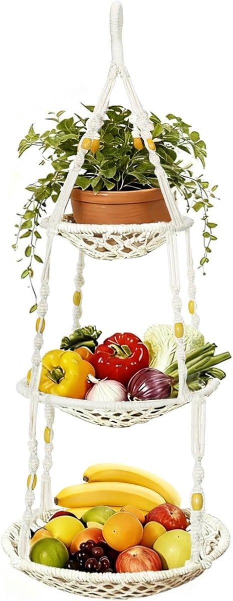 Famanu – Hangende macramé fruitmand 3 etages – boho opbergnet 73 cm, ruimtebesparend