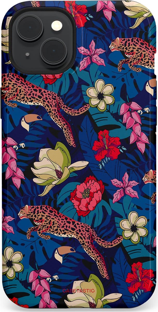 Casetastic hoesje geschikt voor Apple iPhone 15 Plus - MagSafe - Dubbellaagse bescherming - Jungle parade - Fashion Case - Donkerblauw Bordeaux Taupe Donkergrijs