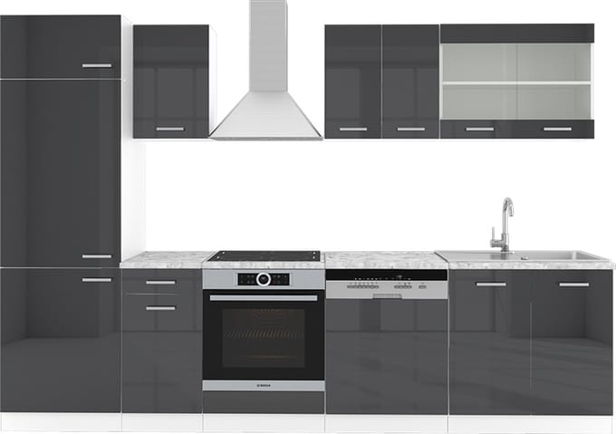 Vicco R-Line Complete keukeneenheid – 300 cm, WB Marmer Antraciet hoogglans/wit