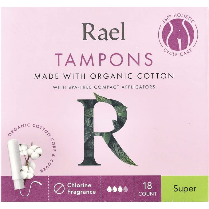 Rael, Tampons en coton bio, Super, Sans parfum, 18 unités pink