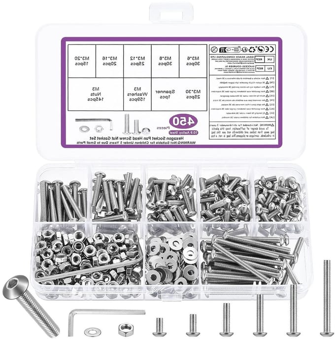 Complete Set van 450 Stuks M3 Schroeven met Moeren en Ringen, Inclusief Lenskop Schroeven en Assortiment Machine Schroeven