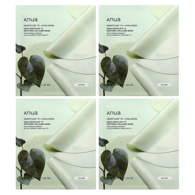 Anua Heartleaf 70 Kalmerend Collageenmasker 4-Pack Set | Verzorgend Gezichtsmasker voor een Rustige & Gehydrateerde Huid