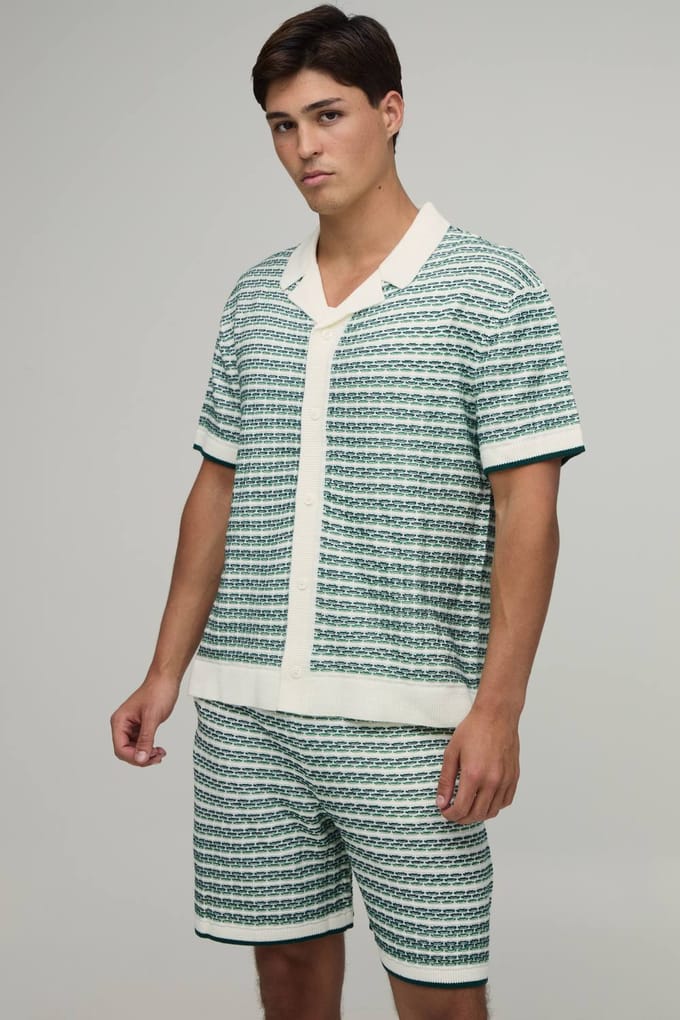 Ontspannen Gebreid Shirt En Short Set Met Open Steek En Strepen | Green | Size Medium