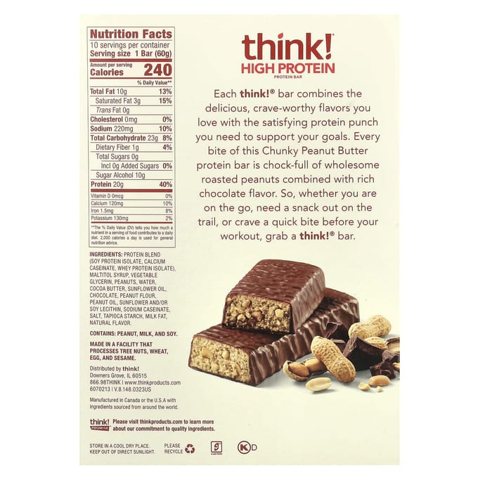 Pense!, Barre Hyperprotéinée, Beurre de Cacahuète Chunky, 10 paquets, 60g (2,1 oz) chaque