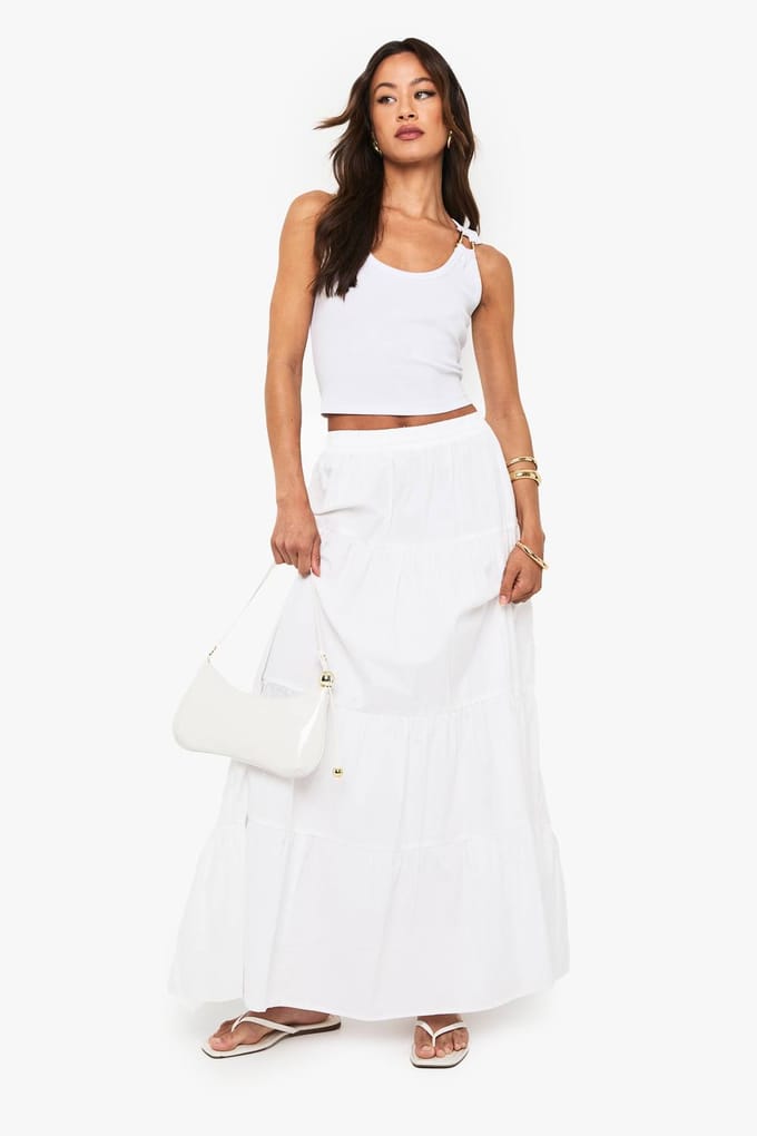 boohoo Dames Lange popeline gelaagde maxirok | Wit | Maat: 40