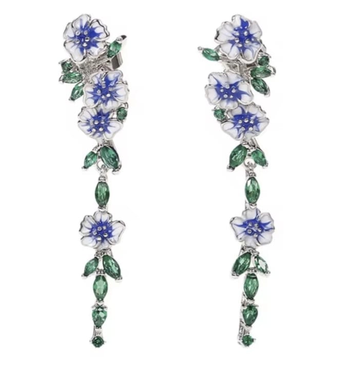Oorbellen- Blauw- Bloemen- lang- steker- Charme Bijoux
