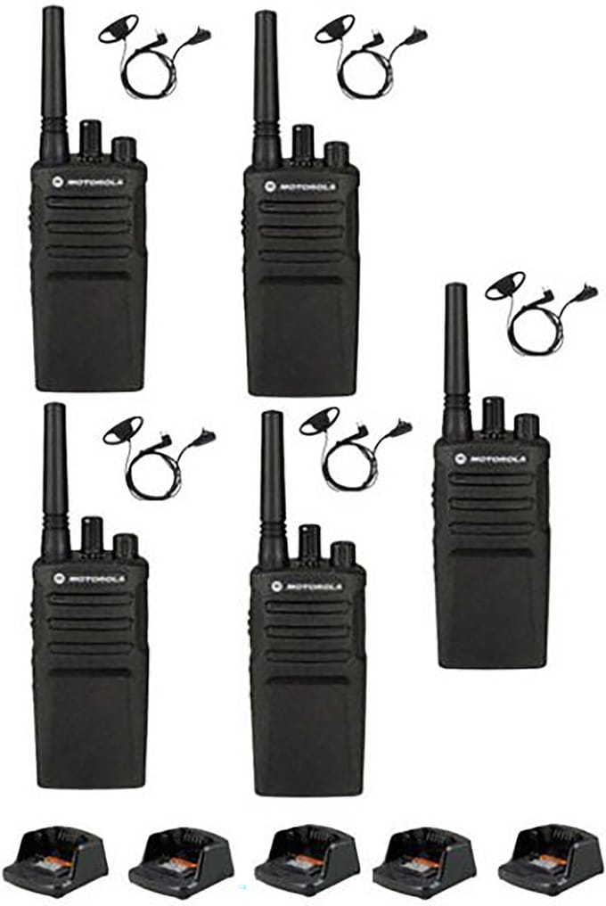 Set van 5 Motorola XT420 UHF IP55 PMR446, laders en D-shape oortje M1 2-Pins