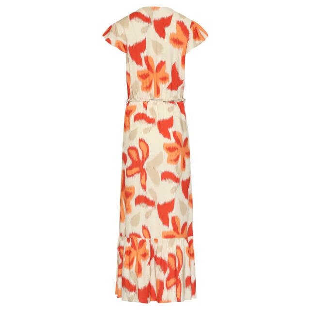 Smashed Lemon Lange jurk met oranje en beige bloem print en taillekoord |