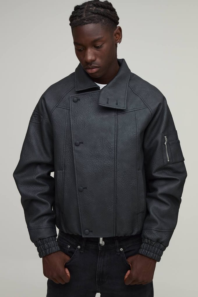 Boxy Fit Gebosseerd Men's Funnel Biker Jack | Black | Size XS