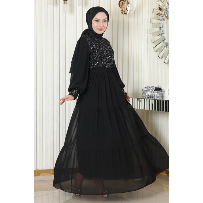 Pailletten Chiffon Avondjurk Zwart