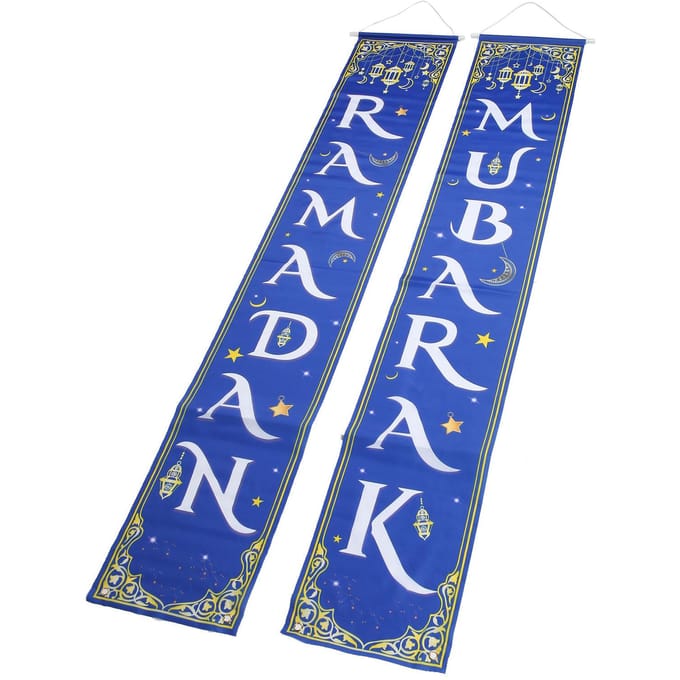 2 stuks Eid Mubarak veranda bord waterdicht blauwe achtergrond 100D polyester Ramadan Mubarak hangend blue